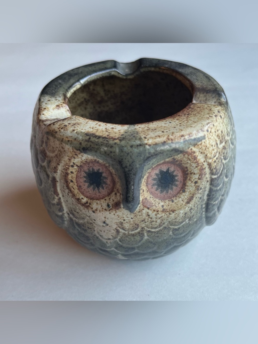 Vintage Earthenware Pottery Owl Ashtray 3x3”